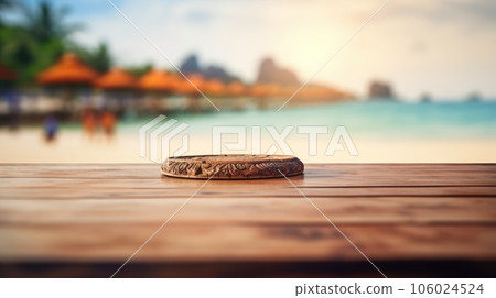 The empty wooden table top with blur background of Thailand beach. Generative AI AIG30. The empty wooden table top with blur background of Thailand beach. Generative AI AIG30. 106024524
