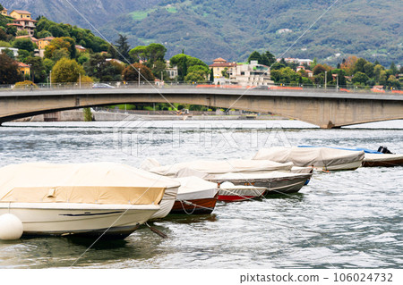 Small fishing boats with fishing net and equipment, motor boat or sail boat floating 106024732