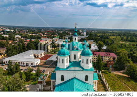 View of the Spassky Cathedral and the city of Yelabuga from the bell tower of the Spassky Cathedral on a sunny spring day. Yelabuga, Tatarstan, Russia View of the Spassky Cathedral and the city of Yelabuga from the bell tower of the Spassky Cathedral on a sunny spring day. Yelabuga, Tatarstan, Russia 106024905