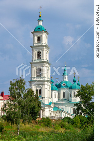 View of the Spassky Cathedral and the city of Yelabuga from the bell tower of the Spassky Cathedral on a sunny spring day. Yelabuga, Tatarstan, Russia View of the Spassky Cathedral and the city of Yelabuga from the bell tower of the Spassky Cathedral on a sunny spring day. Yelabuga, Tatarstan, Russia 106024911
