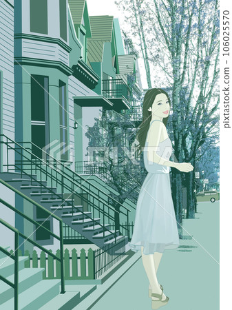 一位長發女子在住宅區回頭看的插圖 106025570