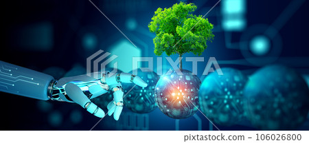 Robot hand pointing a digital ball with tree against nature with digital convergence and technology background. Ecology, Energy, Environment, Green Technology, and IT ethics Concept. 106026800