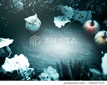 Owl with blur Pumpkin on wooden with dark black Background,Halloween concept. 106027333
