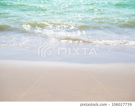 Wave on Sand Background at Coast,Beautiful Texture Wavy white Foam Blue Ocean on Beach Coastline,Sandy with Sea Nature. Transparent Water Seascape Island Photography,Vacation Tropical Summer Backdrop 106027739
