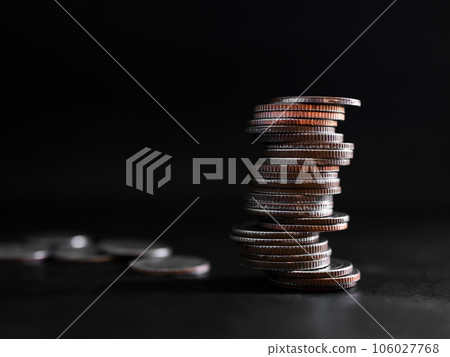 Stack Coin Closeup on Black background.Bank Currency Thai. Plan Income Investment Growth Cash and Saving for 2023 New Year,for Salary,Rate,Stock Market,Credit,Loan,Business or Treasury Finance concept Stack Coin Closeup on Black background.Bank Currency Thai. Plan Income Investment Growth Cash and Saving for 2023 New Year,for Salary,Rate,Stock Market,Credit,Loan,Business or Treasury Finance concept 106027768