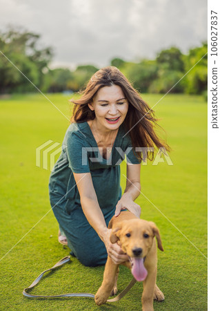 A serene and radiant pregnant woman after 40 and her dog, surrounded by nature's beauty in the park, cherishing the journey of motherhood with a glowing smile A serene and radiant pregnant woman after 40 and her dog, surrounded by nature's beauty in the park, cherishing the journey of motherhood with a glowing smile 106027837