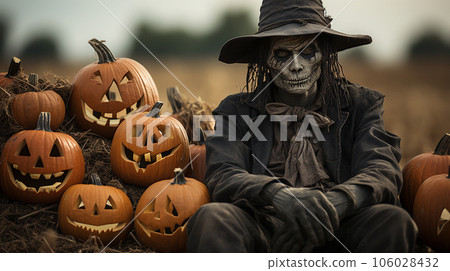 Spooky Halloween skeleton scarecrow figure amidst the carved pumpkins in the field - Generative AI. 106028432
