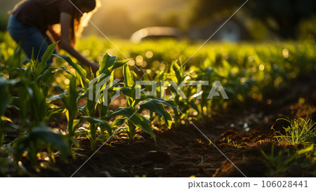 Young adult woman farmer checking her harvest - Generative AI. 106028441