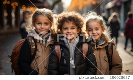 Happy and excited young children students walking on the campus of their school - Generative AI. 106028627