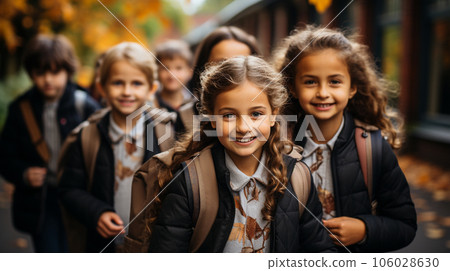 Happy and excited young children students walking on the campus of their school - Generative AI. Happy and excited young children students walking on the campus of their school - Generative AI. 106028630