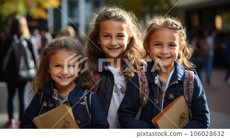 Happy and excited young children students walking on the campus of their school - Generative AI. Happy and excited young children students walking on the campus of their school - Generative AI. 106028632