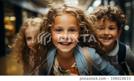 Excited young children laughing and running down the hallway of thier school - Generative AI. 106028633