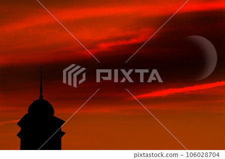 Mosques Dome Crescent Moon on Red Sky Background,New Year Muharram Asia Religious Muslim,Ramadan Kareem, Eid ai-fitr,New year Muharram,Islamic Arabic Holy ,Mubarak God Symbols,Free Space. Mosques Dome Crescent Moon on Red Sky Background,New Year Muharram Asia Religious Muslim,Ramadan Kareem, Eid ai-fitr,New year Muharram,Islamic Arabic Holy ,Mubarak God Symbols,Free Space. 106028704