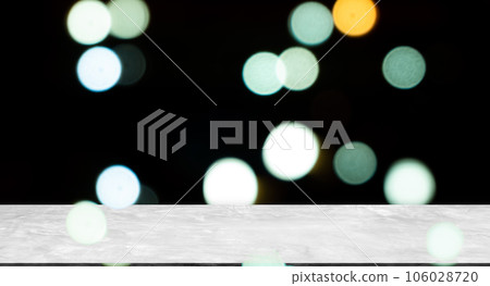 Blank Wooden Table with Orange Red Bokeh on Black Background,Golden Light Night Blur Circle Effect Sparkle,Card Poster,Empty Floor Counter for Presentation of Merry Christmas and Happy New Year 2023. 106028720