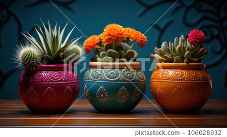 three clay pots painted with geometric colorful motifs, with blooming cacti  106028932