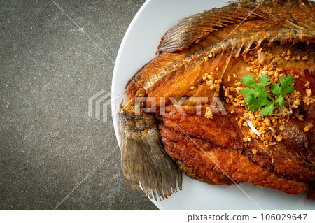 Fried Sea Bass Fish with Garlic 106029647