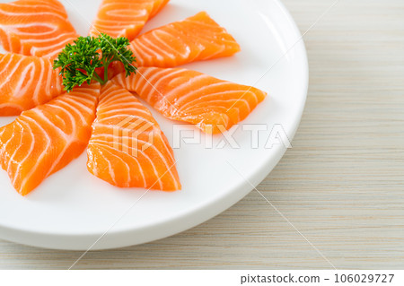 Fresh Salmon Raw Sashimi on plate Fresh Salmon Raw Sashimi on plate 106029727