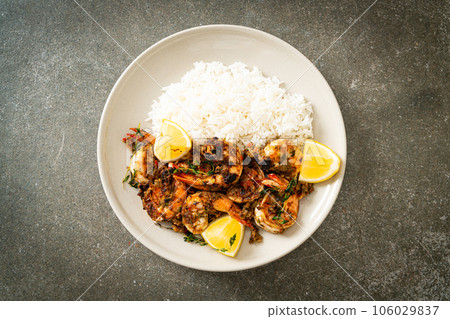 jerk shrimps or grilled shrimps in Jamaica style with rice jerk shrimps or grilled shrimps in Jamaica style with rice 106029837