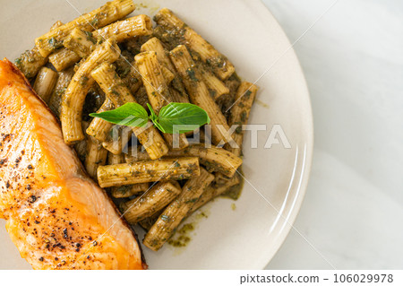 pesto quadrotto penne pasta with grilled salmon 106029978