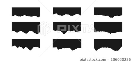Torn short pieces of paper set. Black paper strips with jagged and even edges. Ripped horizontal fragment collection. Textured grunge element bundle for collage, text box, banner, sticker. Vector Torn short pieces of paper set. Black paper strips with jagged and even edges. Ripped horizontal fragment collection. Textured grunge element bundle for collage, text box, banner, sticker. Vector 106030226
