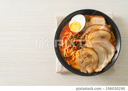 Ramen Noodles Spicy Tomyum Soup with Roast Pork Ramen Noodles Spicy Tomyum Soup with Roast Pork 106030298