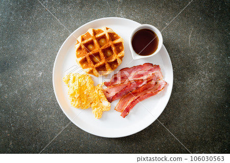 scrambled egg with bacon and waffle scrambled egg with bacon and waffle 106030563