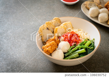 egg noodles with fish balls and shrimp balls in pink sauce, Yen Ta Four or Yen Ta Fo egg noodles with fish balls and shrimp balls in pink sauce, Yen Ta Four or Yen Ta Fo 106030752