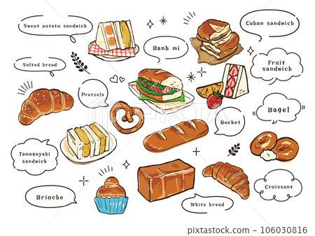 Handwritten illustration set of speech bubbles and bread 106030816