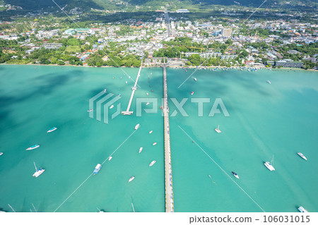 Aerial View Drone shot of Yacht and sailboat parking in marina, Transportation and travel background, Beautiful sea in summer season 106031015