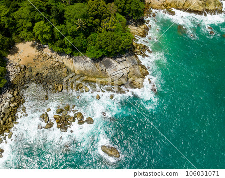 Aerial view seashore with mountains at Phuket Thailand, Beautiful seacoast view at open sea in summer season, Nature recovered Environment and Travel background 106031071