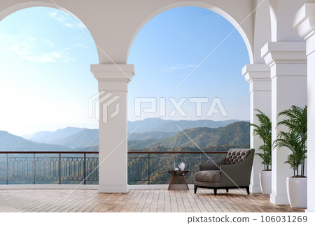 Modern classical style terrace with mountain view 3d render Modern classical style terrace with mountain view 3d render 106031269
