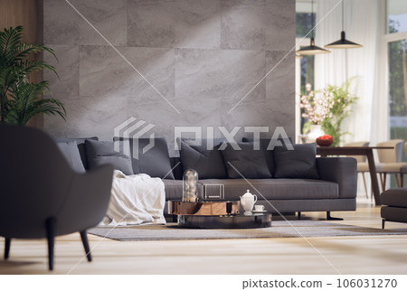 Closeup view of modern contemporary style living room with gray marble stone wall 3d render Closeup view of modern contemporary style living room with gray marble stone wall 3d render 106031270
