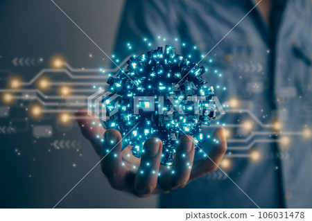 Man Hold Blue Sci-Fi Earth Globe or Orb AI Brain and Circuit Line in Vintage Tone Man Hold Blue Sci-Fi Earth Globe or Orb AI Brain and Circuit Line in Vintage Tone 106031478