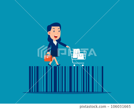 Customer and shopping cart over shop barcode. Consumer shopping habit Customer and shopping cart over shop barcode. Consumer shopping habit 106031665
