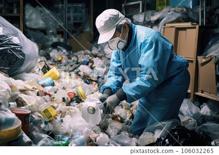 A male worker cleaning a messy room in a garbage house 106032265
