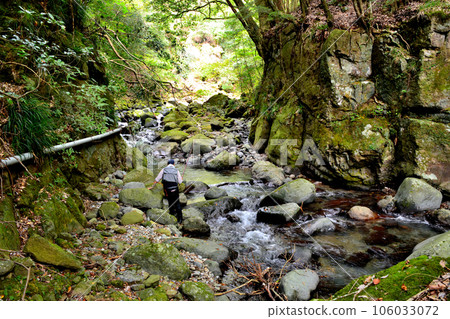 An angler fishing in the mountain stream near Hiraname Falls on the Kawazu River An angler fishing in the mountain stream near Hiraname Falls on the Kawazu River 106033072