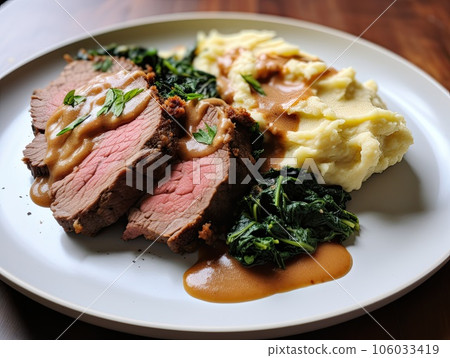 Delicious comfort food ketogenic meal prime rib with gravy, cauliflower mash, and sauteed spinach 106033419