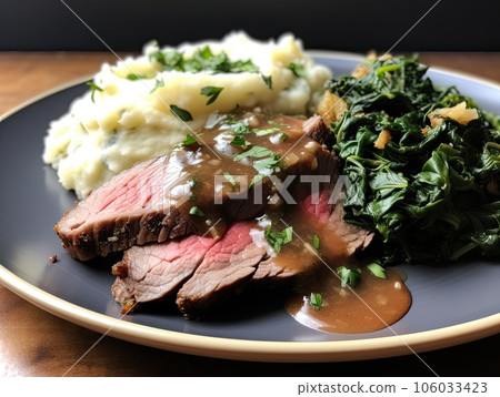 Delicious comfort food ketogenic meal prime rib with gravy, cauliflower mash, and sauteed spinach 106033423