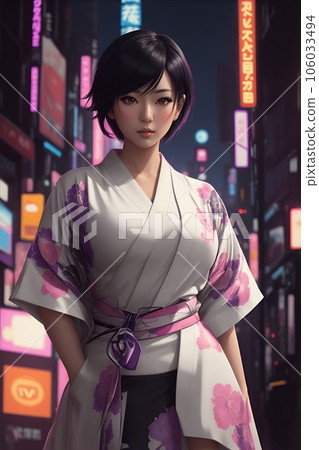 一位穿著和服的年輕女子，背景是城市夜景 106033494