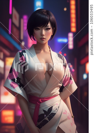 A young woman in a kimono with a night view of the city in the background 106033495