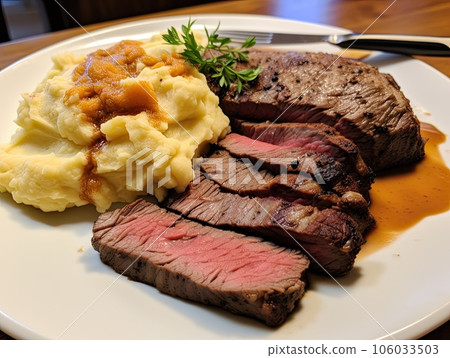 Delicious comfort food ketogenic meal prime rib with gravy, cauliflower mash, and sauteed spinach Delicious comfort food ketogenic meal prime rib with gravy, cauliflower mash, and sauteed spinach 106033503