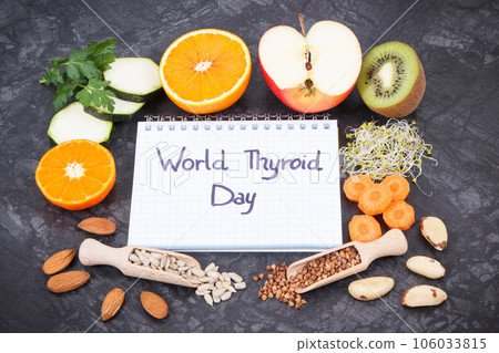Notepad with inscription World Thyroid Day and best food containing vitamins for healthy thyroid 106033815