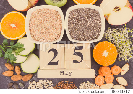 Cube calendar with date of World Thyroid Day and best food containing vitamins for healthy thyroid Cube calendar with date of World Thyroid Day and best food containing vitamins for healthy thyroid 106033817