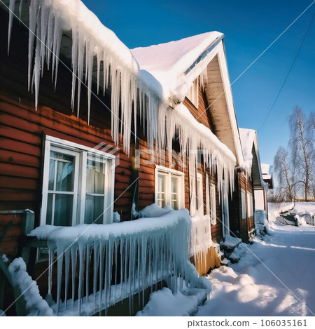 large icicles hang from the roofs of houses, Generative AI large icicles hang from the roofs of houses, Generative AI 106035161