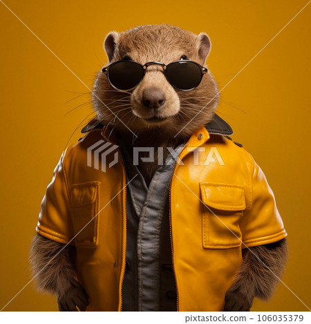 Cool groundhog in biker jacket and sunglasses, Generative AI 106035379