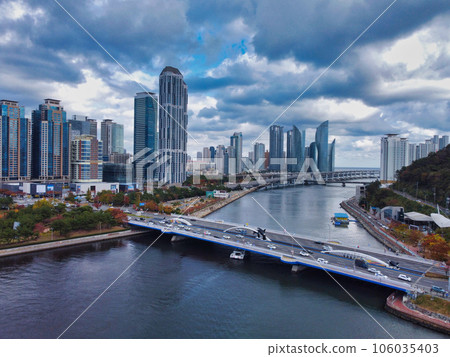 Aerial View of Autumn Centum City, Haeundae, Busan, South korea, Asia 106035403