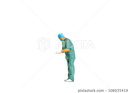 Miniature people young doctor in scrubs Isolated on white background with clipping path 106035419