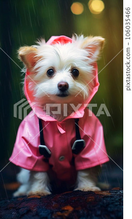 Cute white dog baby dressed like a pupil pink rain, Generative AI 106035466