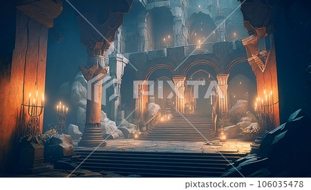 royal castle labyrinth maze cave high walls dark, generative AI 106035478