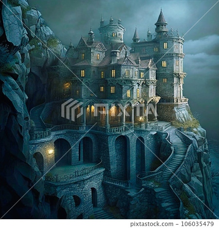 royal castle labyrinth maze cave high walls dark, generative AI 106035479